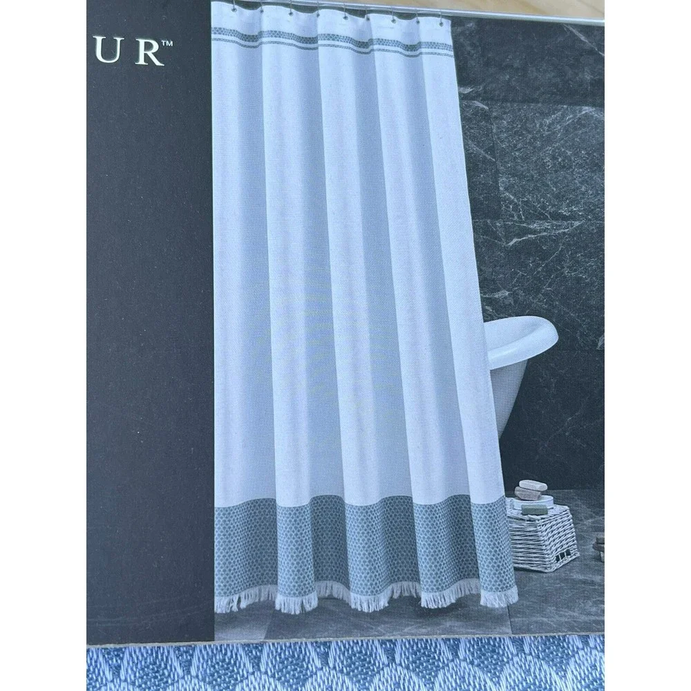 Hotel Balfour 100% Turkish Cotton White Shower Curtain Spa Blue Border W/ Fringe